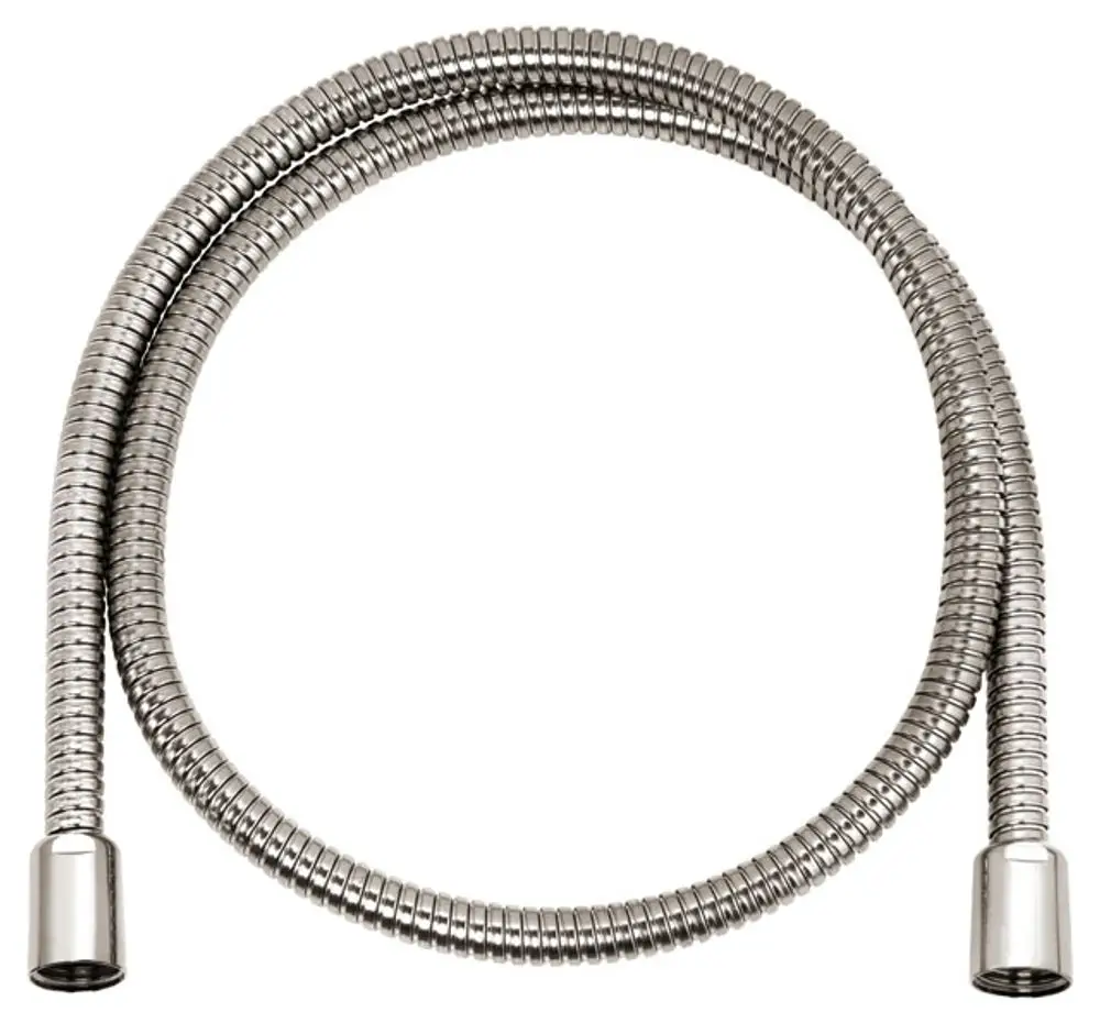 Flexibler Brauseschlauch aus Metall, geeignet für Wasserarmaturen, präsentiert von Keuco. Er verbindet zwei Komponenten und ermöglicht bewegliche Wasserführung.